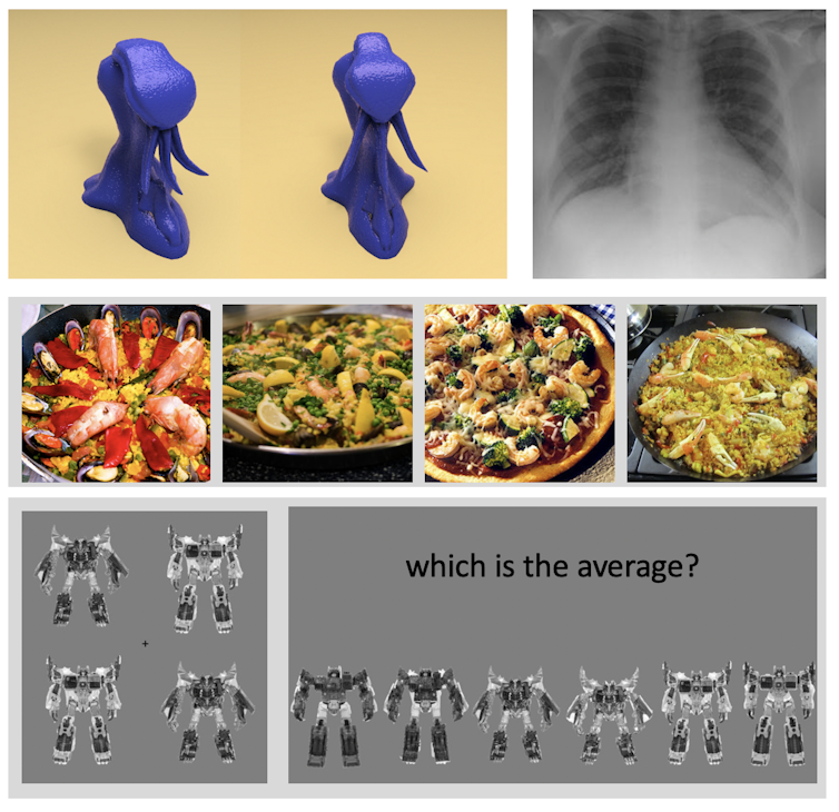 images of abstract objects, a chest X-ray, four versions of a prepared food and four imaginary robots