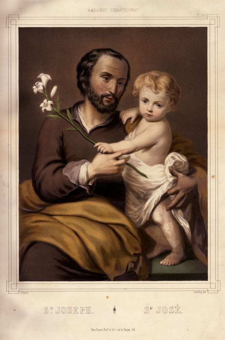 An illustration shows a man wearing two brown robes embracing a small blond child.