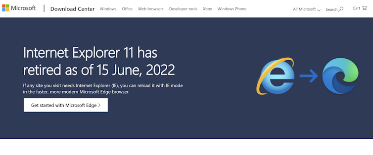 La capture d'écran du site Web de Microsoft qui montre qu'Internet Explorer a été désactivé.