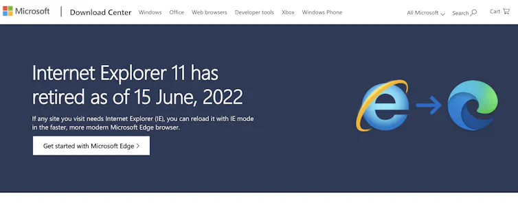 A screenshot of a Microsoft web page showing Internet Explorer has been retired.