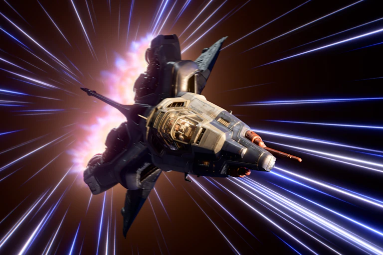 An illustration showing a spaceship flying towards us, surrounded by lines of light indicating speed
