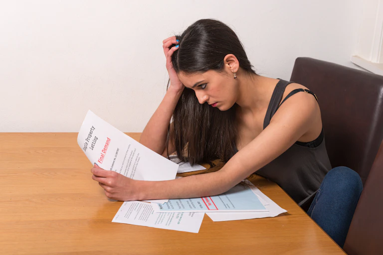 Worried student stares at final demand for rent payment