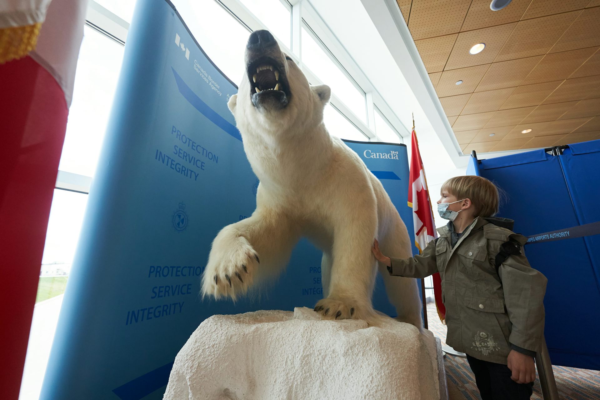 A boy in a mask strokes a taxidermied polar bear.