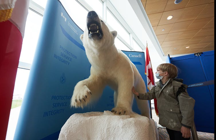 A boy in a mask strokes a taxidermied polar bear.
