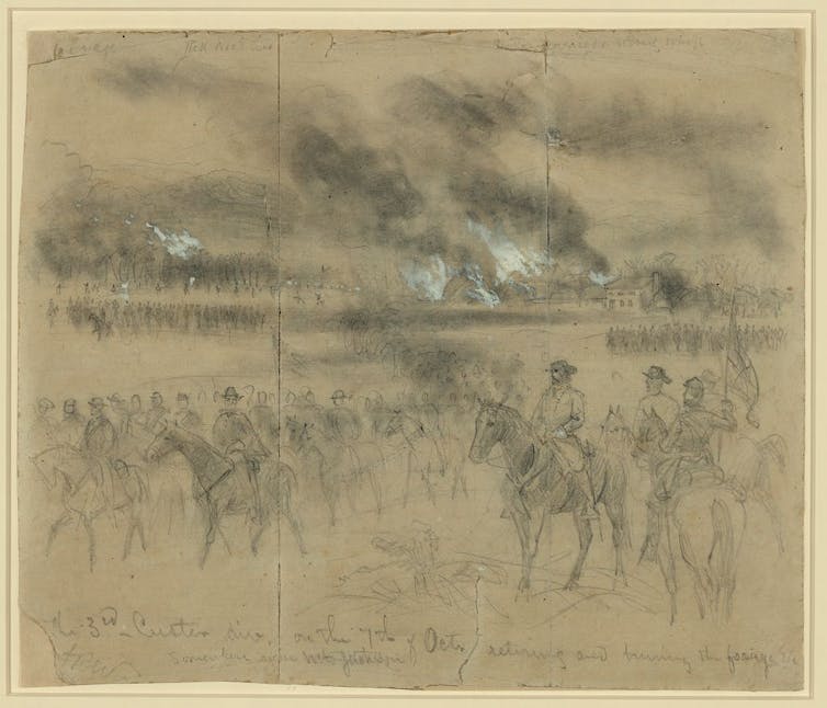 Pencil drawing of troops on horseback surveying burning fields.