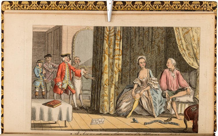 A drawing from the 1700s shows a woman lifting her dress, sitting next to a man, while other men appear surprised.