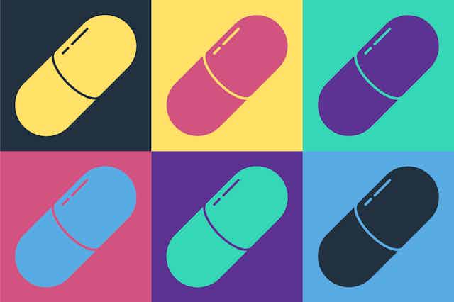 Pop art illustration of six differently colored pills in squares