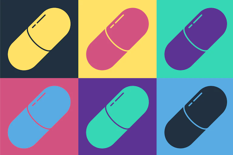 Pop art illustration of six differently colored pills in squares