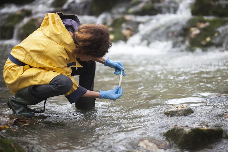 A female scientist in water proof rain boots and slicker takes a water sample from a stream using a test tube.