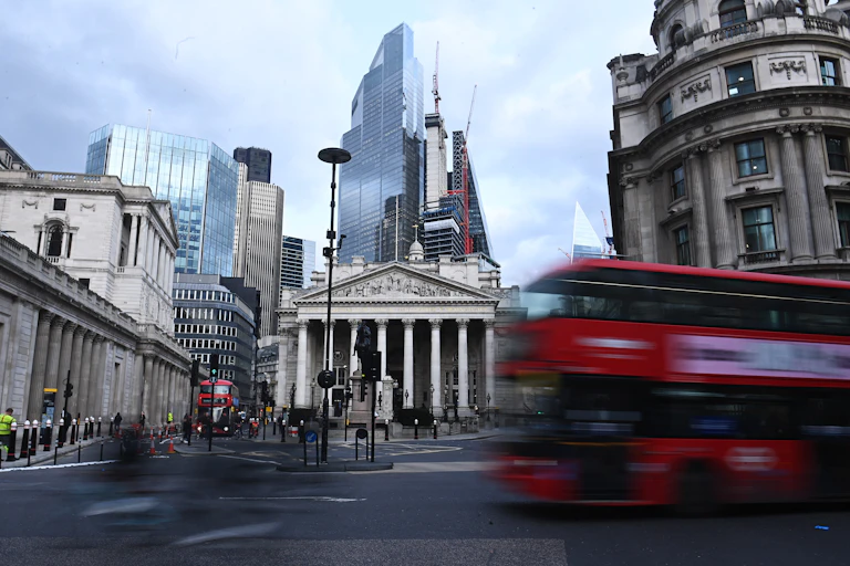 Bank of England, busy road, red bus, City of London