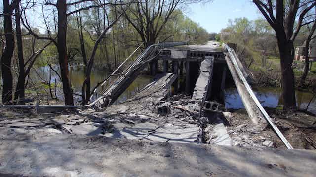 A damaged bridge in the city of Chernihiv in the north of Ukraine.