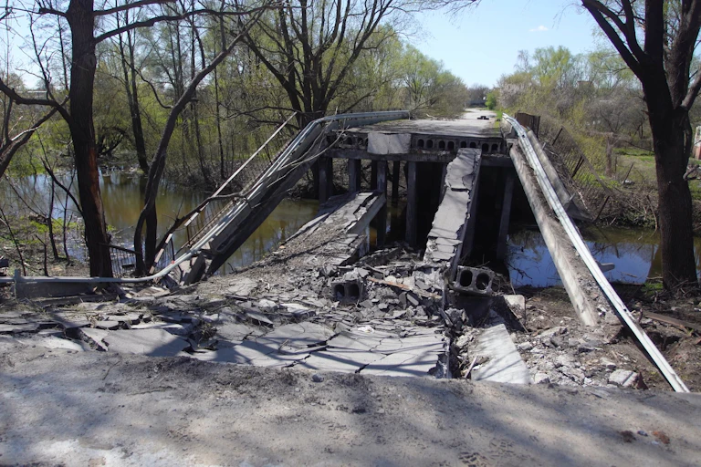 A damaged bridge in the city of Chernihiv in the north of Ukraine.