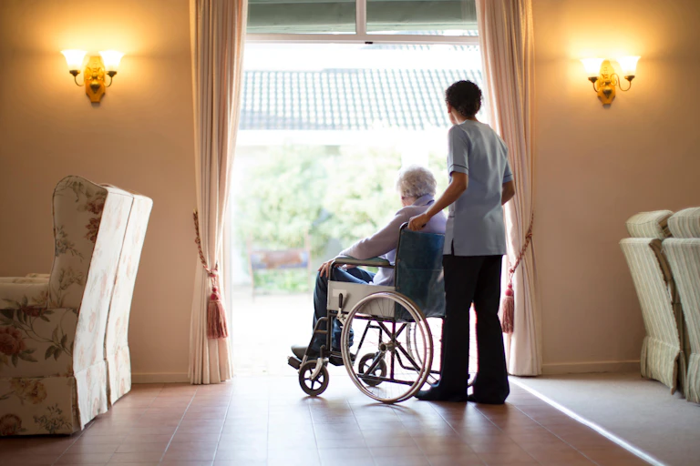 A nurse pushes an elderly patient in a wheelchair.