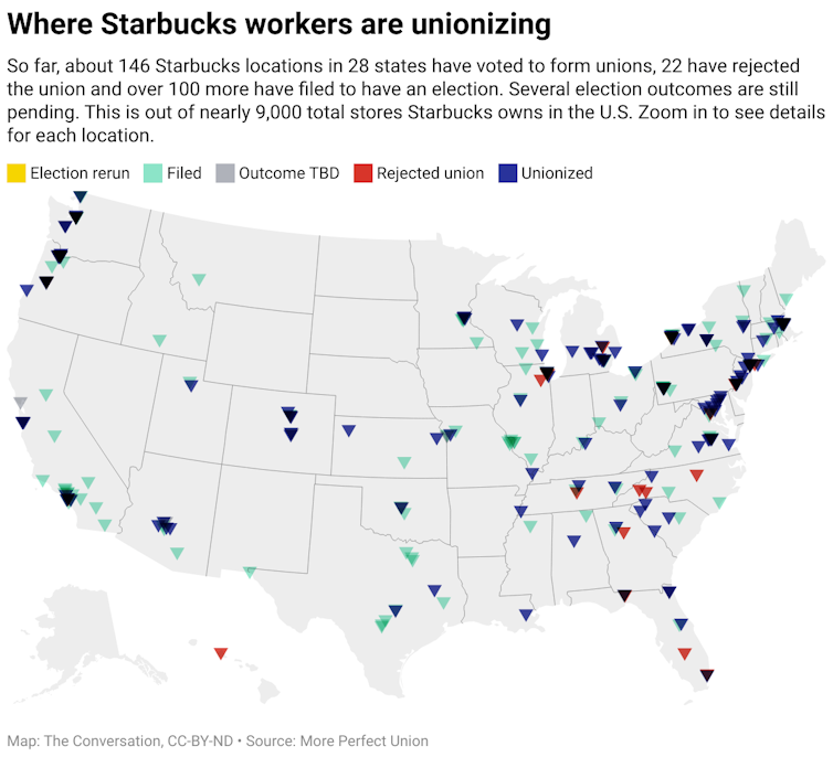 A map of the United States that shows locations where Starbucks workers are unionizing and the status of their efforts.