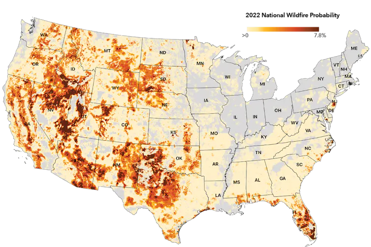 Map showing wildfire risk highest in the Western U.S. and southern Plains, particularly the mountains.