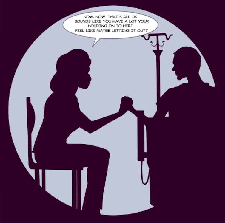 Illustration from a comic of a nurse and a patient in silhouette within a circle.