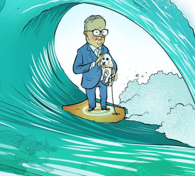 Cartoon of Anthony Albanese riding a wave