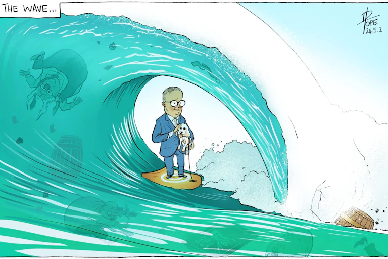 Cartoon of Anthony Albanese riding a wave