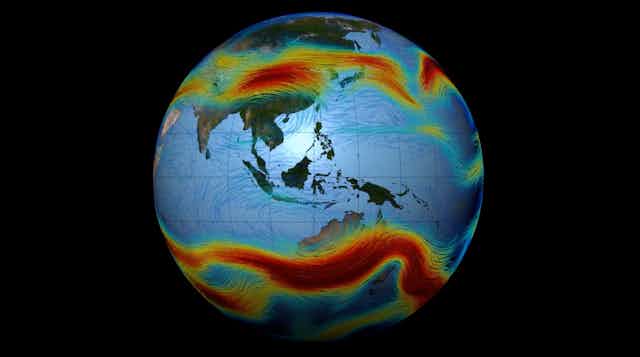 A globe of the world showing jet stream winds 