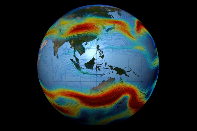 A globe of the world showing jet stream winds