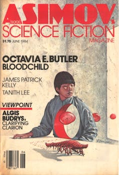 Magazine cover with drawing of insect and young person with hole in body.