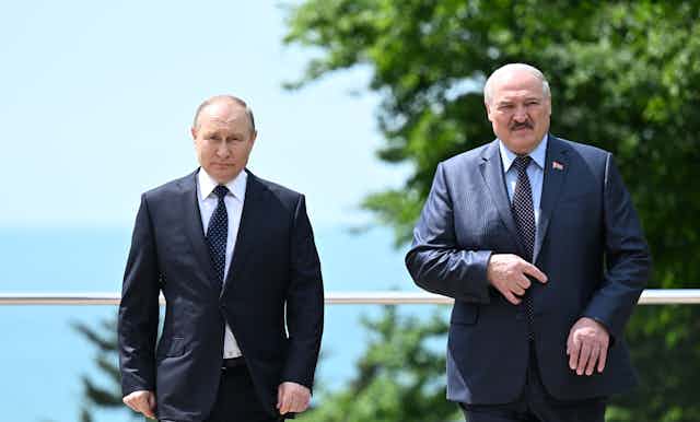 Russian president Vladimir Putin and Belarusian president Alexander Lukashenko together at  a meeting in Sochi, Russia