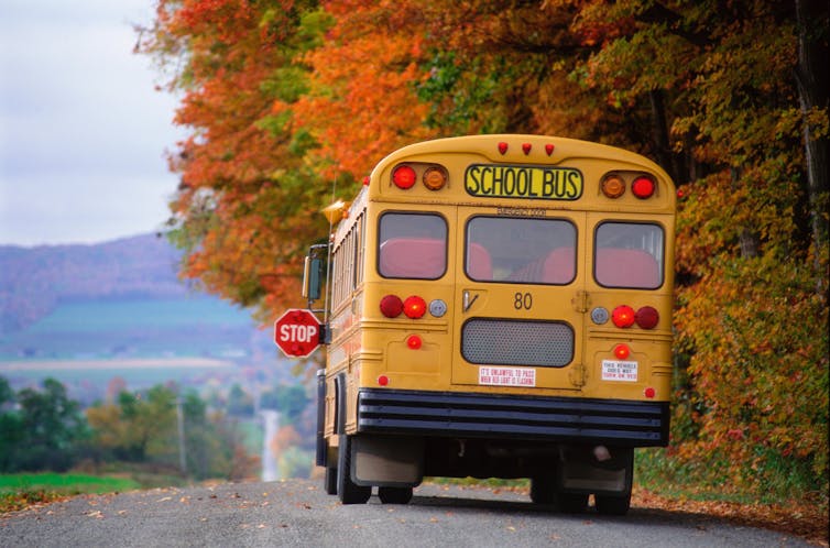 A yellow school bus stops, with its 'Stop' sign visible, along a country road in autumn.