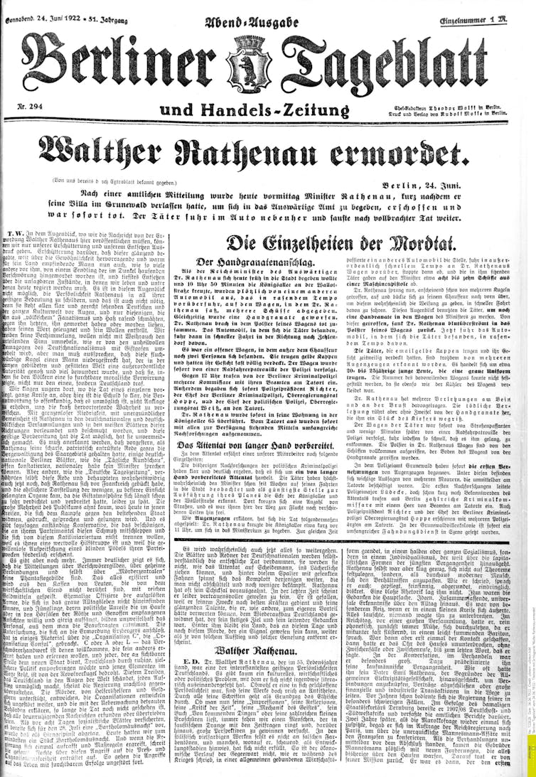 An image of the front page of an old German newspaper, with a headline in German that says 'Walter Rathenau murdered.'