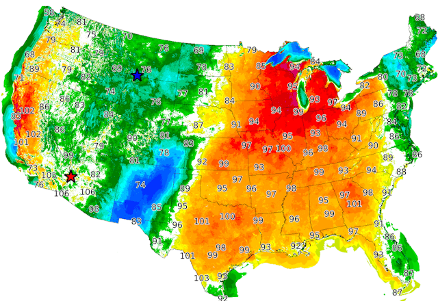 Temperature map showing high heat from the Central US to the East Coast and Southeast