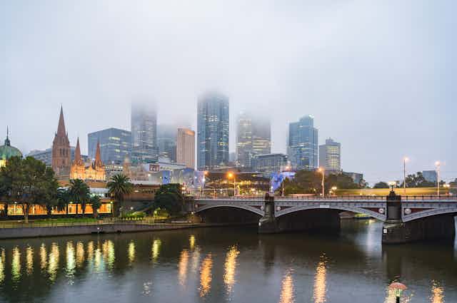 Mist over Melbourne city buildings