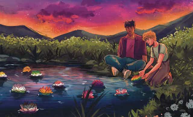 Colour illustration of two people seated on the ground at the edge of a pond, floating water lilies in Pride colours