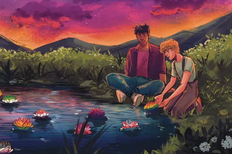 Colour illustration of two people seated on the ground at the edge of a pond, floating water lilies in Pride colours