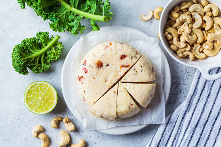 A plate with a large piece of vegan cheese made from cashew nuts.