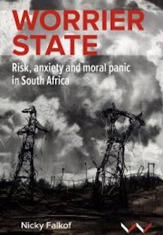 A book cover in black and white showing ominous clouds and metal structures. In red, the title Worrier State.