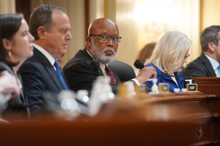 Chair and Democratic Representative from Mississippi Bennie Thompson (C) during a public hearing of the House Select Committee to Investigate the January 6th Attack on the US Capitol.