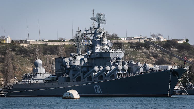 Russian Navy flagship missile cruiser 'Moskva' moored in the bay of the Crimean city of Sevastopol, 30 March 2014