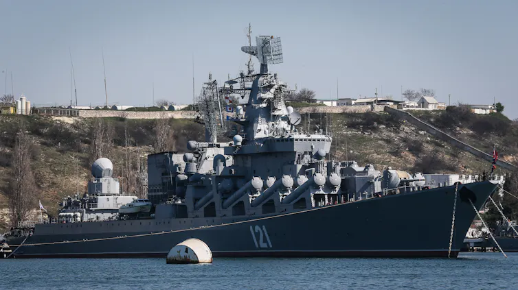 Russian Navy flagship missile cruiser 'Moskva' moored in the bay of the Crimean city of Sevastopol, 30 March 2014