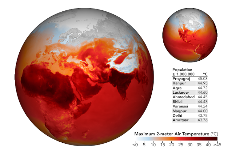 A globe showing extreme heat across India, with much of the country warmer than the Sahara Desert.