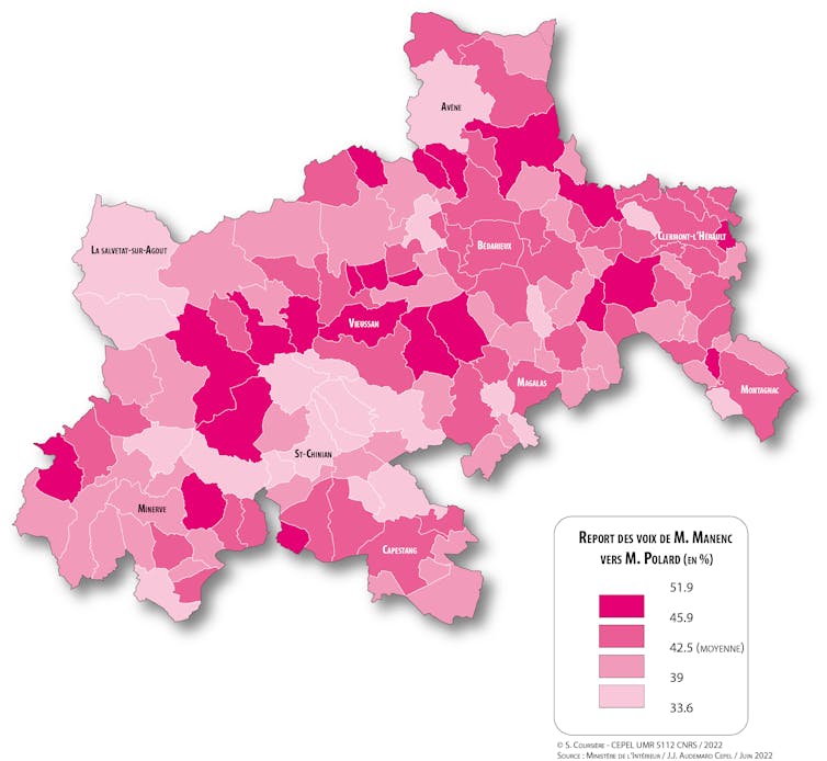 Carte de la répartition géographique des reports de voix : Manec vers Polard