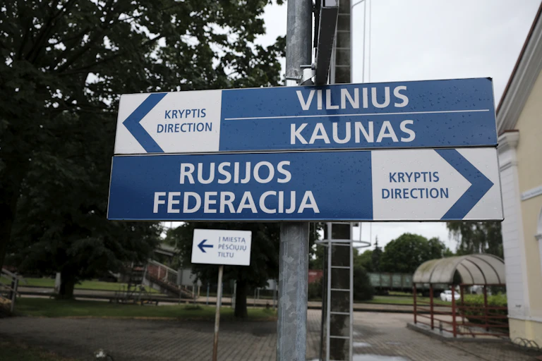 Direction signs at the border railway station Kybartai, between Kaliningrad and Lithuania in Kybartai, Lithuania, 21 June 2022.
