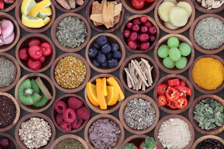 Various foodstuffs in bowls.