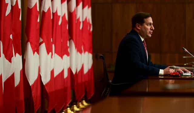 A man sitting behind a desk with a row of Canadian flags standing behind him