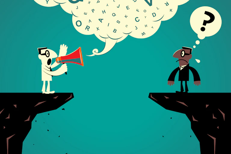 In this illustration, a white man is shouting through a bullhorn while a black man looking bewildered stands at a distance and asks a question.
