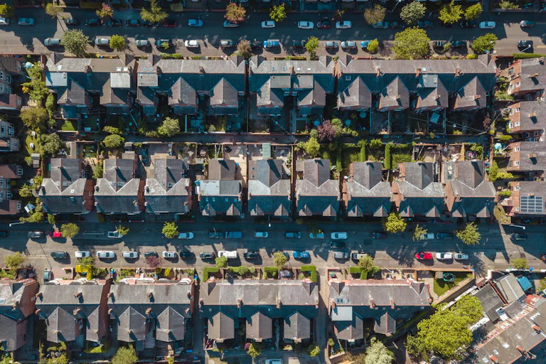 An overhead view of a residential neightbourhood