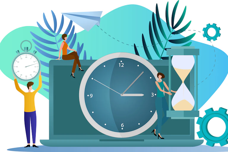 Un sablier, une horloge et un chronomètre illustrant des délais serrés