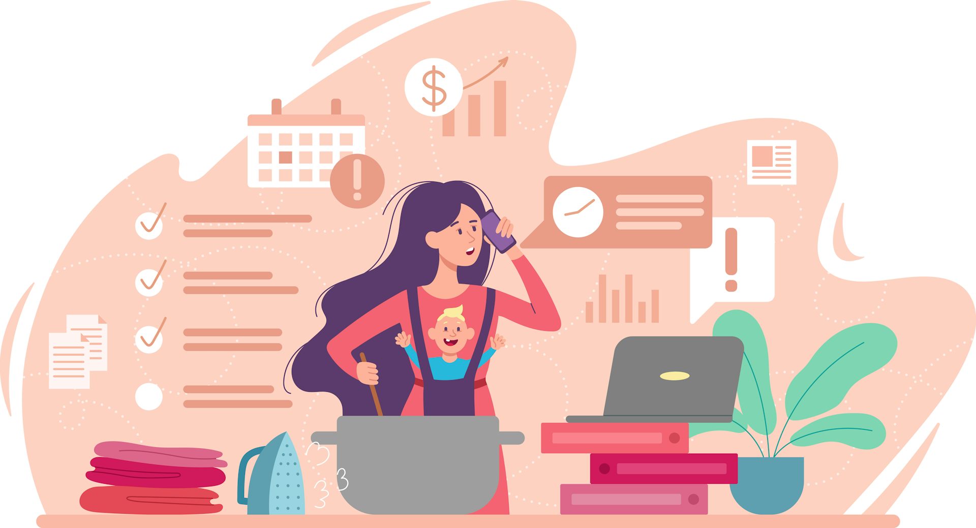 Une mère débordée, entre tâches ménagères, familiales et travail