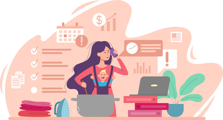 Une mère débordée, entre tâches ménagères, familiales et travail
