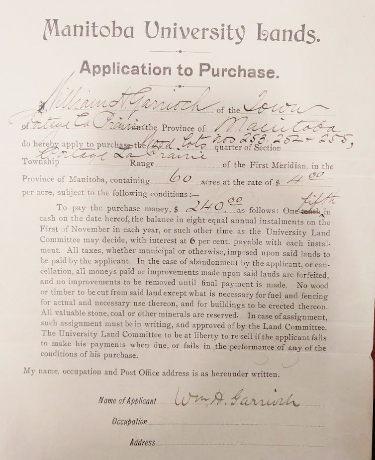 Image of a signed document entitled 'Manitoba University lands, Application to purchase' with a paragraph of text describing conditions of the purchase. Handwriting on the form details the name, town, lot numbers, number of acres, rate, and purchase amount.