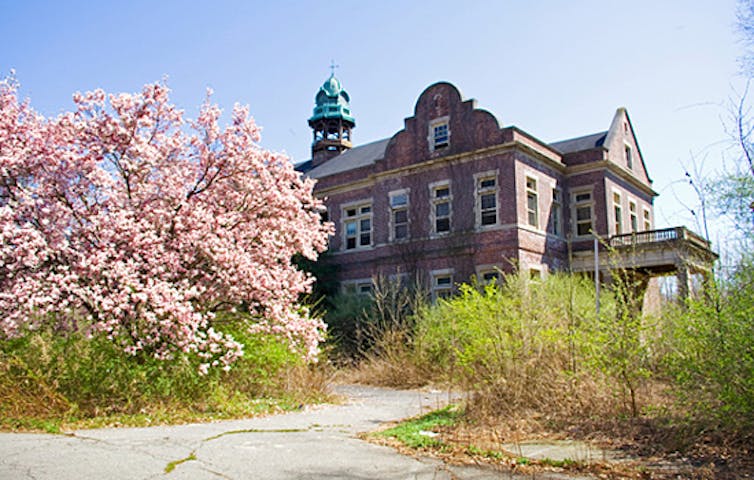 Old building with flowers nearby