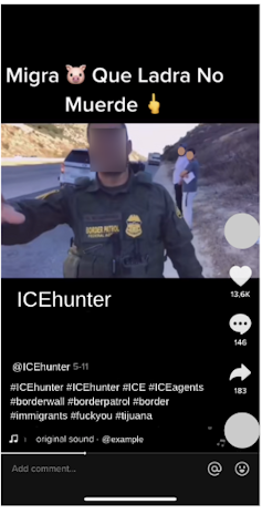 Vídeo de TikTok que muestra un agente migratorio de los Estados Unidos en una carretera